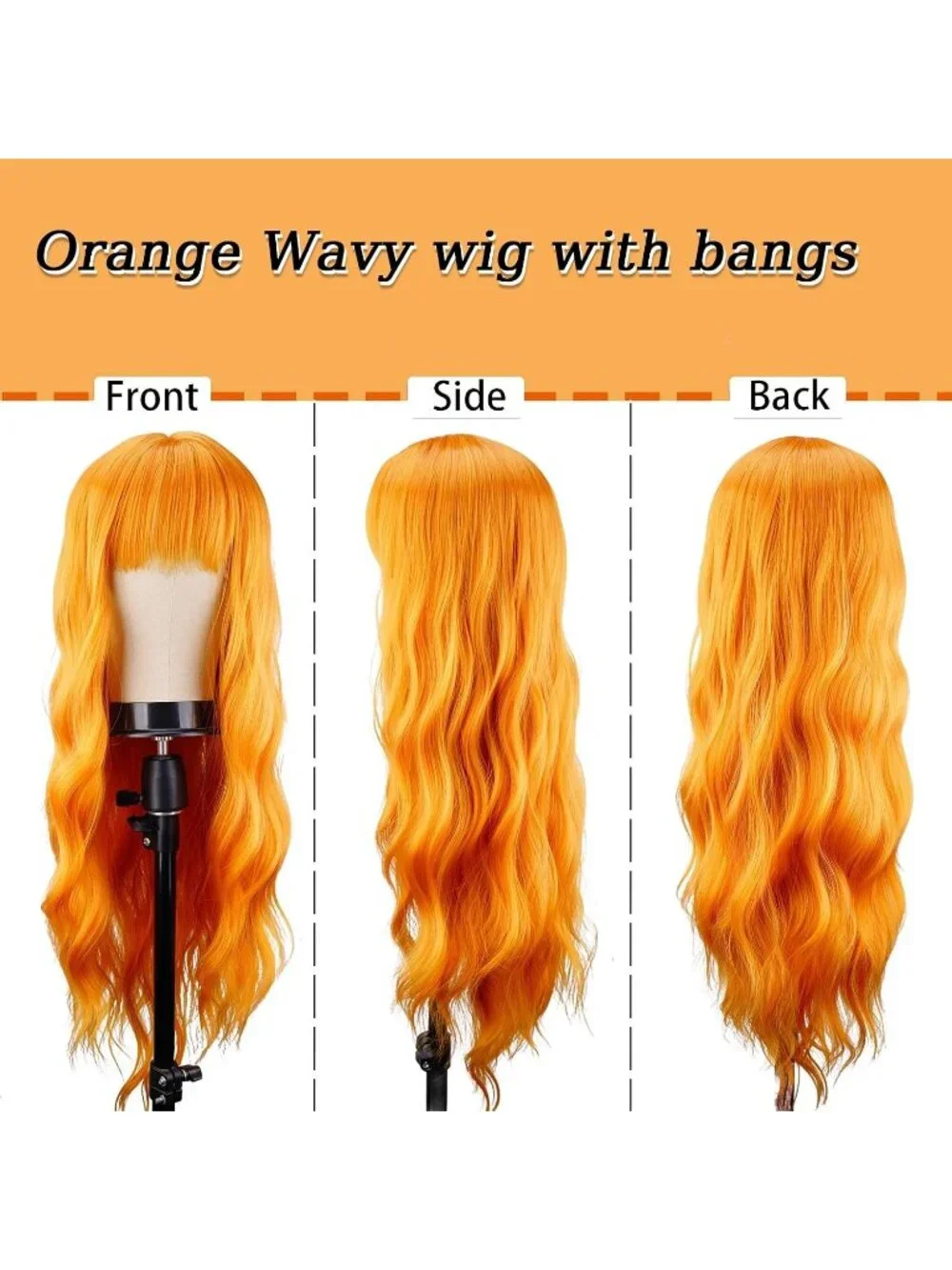 Women's Orange 26 Inch Natural Looking Synthetic Fiber Long Wavy Wigs Bangs